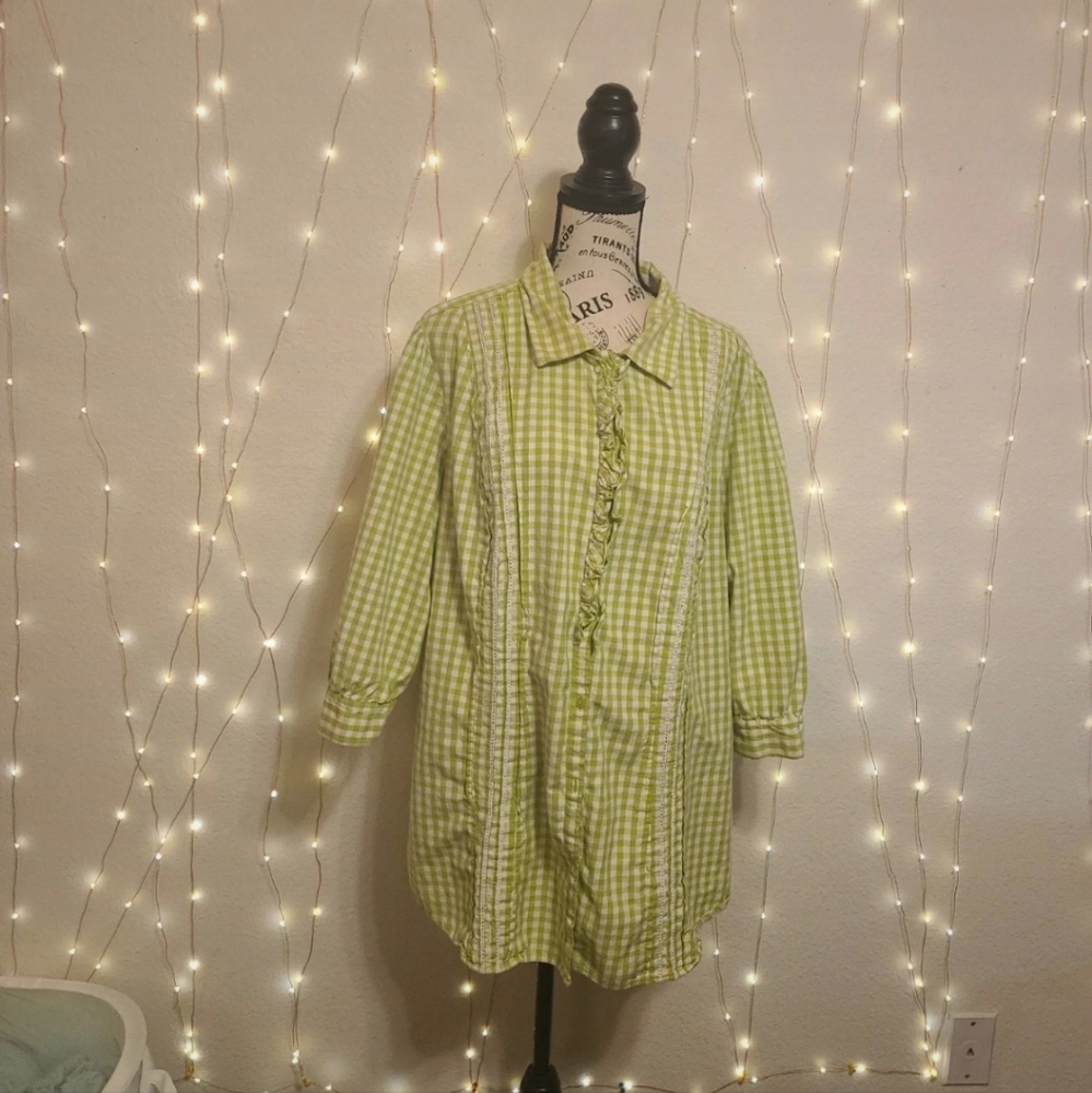 Layne Bryant 3x green/white plaid button down 3/4 shirt